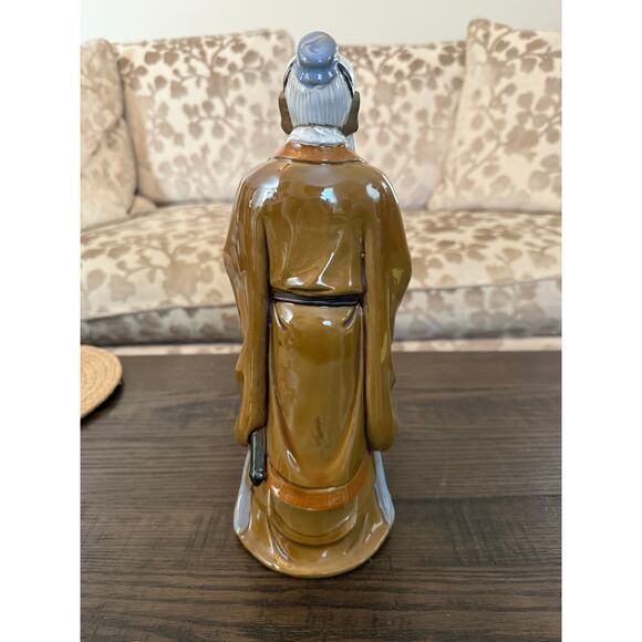 Chinese Shiwan Art Pottery Mudman Confucius with Walking Stick, 11.5” - Picture 4 of 8